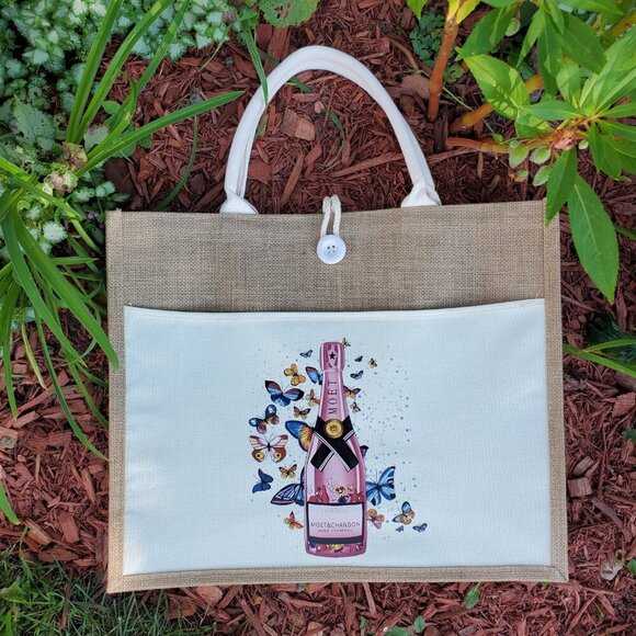 Custom Canvas Tote Bag, Large Size - Pink Moet and Buterflies Theme Cream Tote - Picture 1 of 16